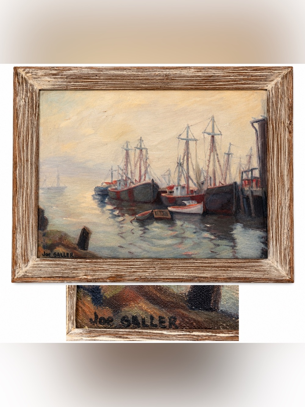Harbor Fishing Boats Oil Painting - Soft Blue & Cream Coastal Art 20”x23.5”
